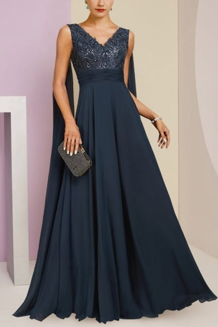 Navy Mother of the Bride Dress A Line V Neck Sequined Sleeveless Chiffon Formal Dress
