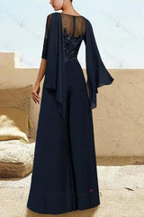 Navy Mother of the Bride Jumpsuit Half Sleeves Chiffon Formal Pantsuit With Appliques