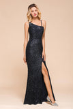 Navy One Shoulder Sequins Prom Dress Long Mermaid Evening Gowns With Split