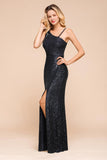 Navy One Shoulder Sequins Prom Dress Long Mermaid Evening Gowns With Split