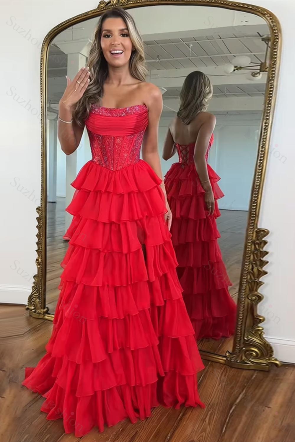 Navy Prom Dress A Line Strapless Corset Long Chiffon Formal Dress