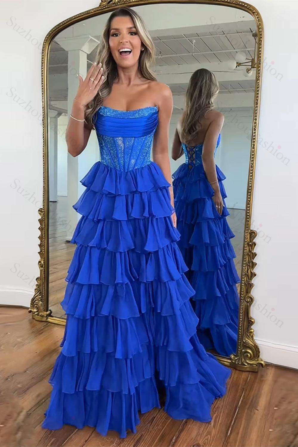 Suzhoufashion Navy Prom Dress A Line Strapless Corset Long Chiffon Formal Dress Suzhoufashion Navy Prom Dress A Line Strapless Corset Long Chiffon Formal Dress