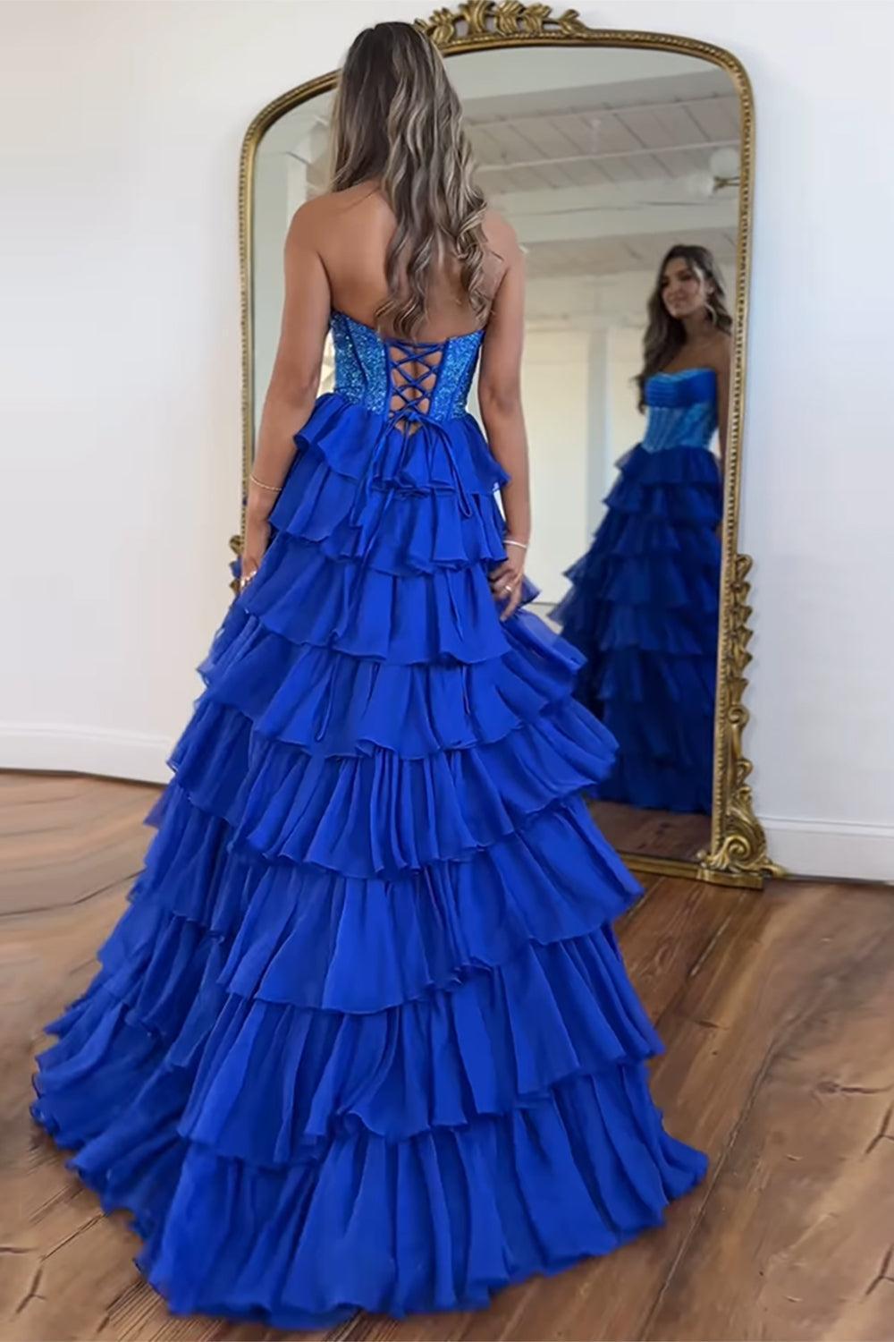 Navy Prom Dress A Line Strapless Corset Long Chiffon Formal Dress