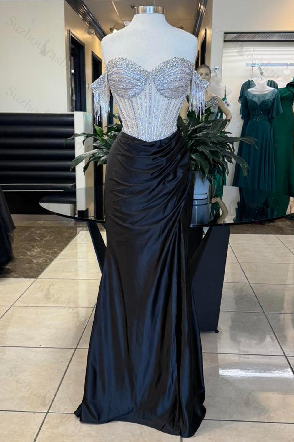 Navy Prom Dress Beaded Mermaid Off The Shoulder Long Formal Dress With Tassels