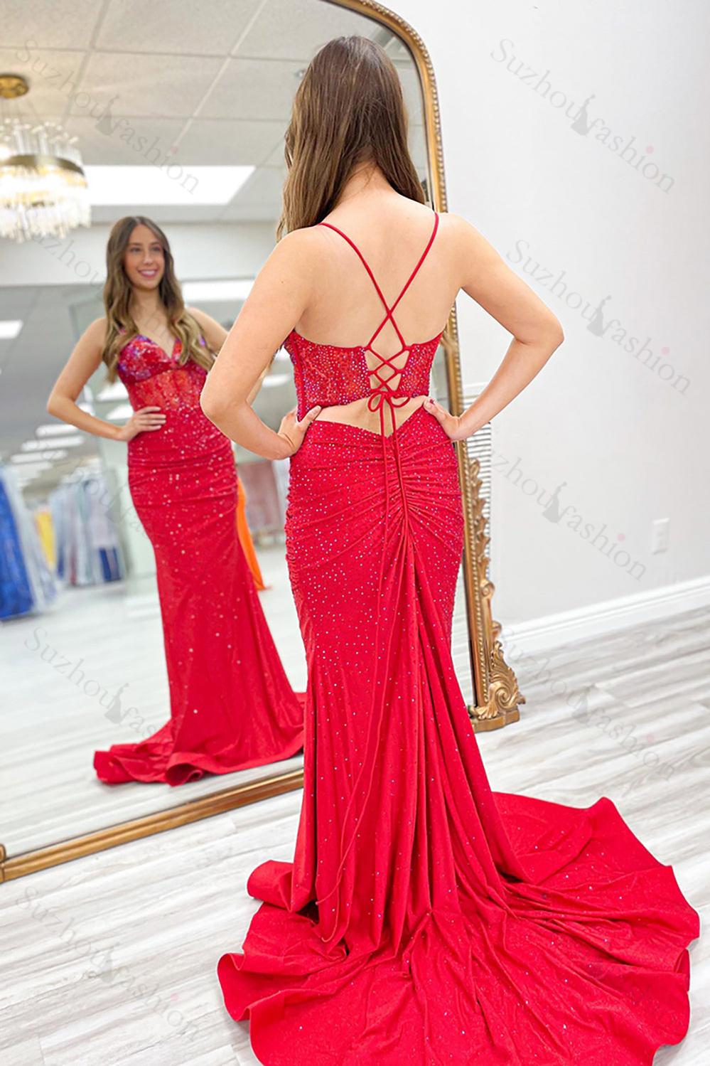 Navy Prom Dress Beaded Mermaid Spaghetti Straps Long Formal Dress