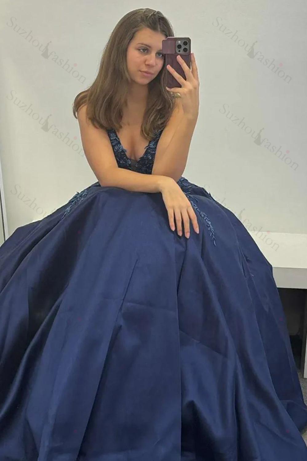 Navy Prom Dress Floral V-Neck Formal Dress With Lace