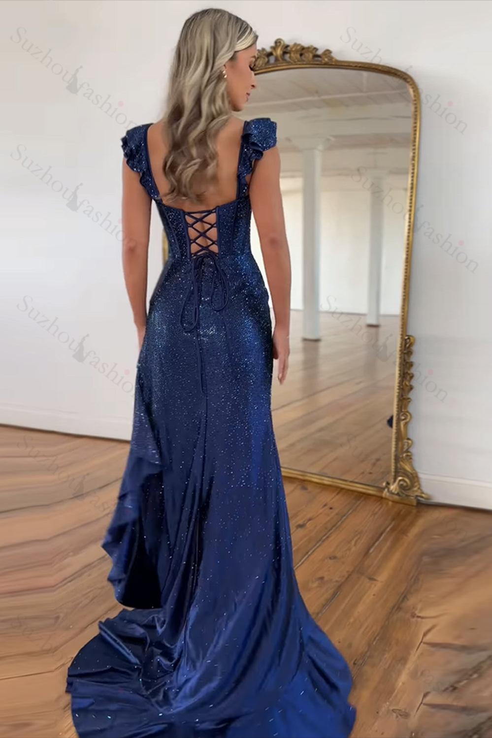 Suzhoufashion Navy Prom Dress Mermaid Corset Asymmetrical Formal Dress With  Ruffles – suzhoufashion