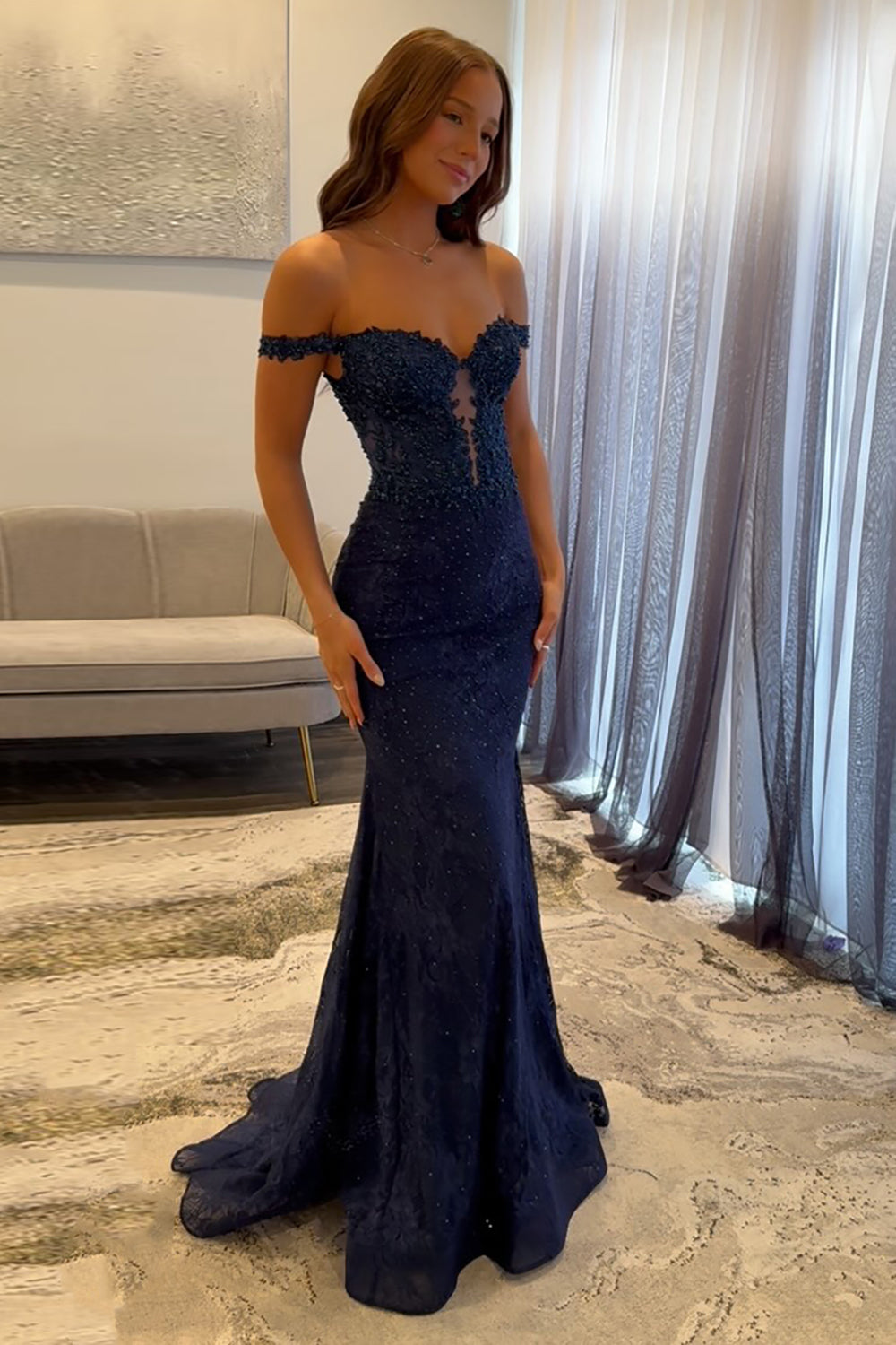 Navy Prom Dress Off The Shoulder Mermaid Long Lace Formal Dress