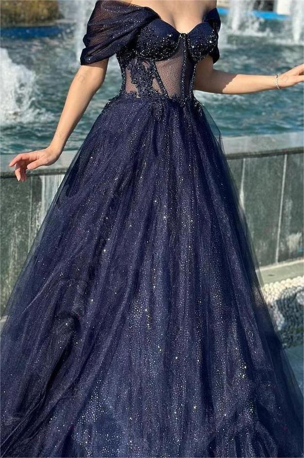 Navy Prom Dress Off the Shoulder Sweetheart Mermaid Long Evening Formal Dress With Appliques