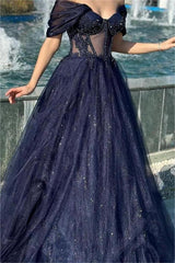 Navy Prom Dress Off the Shoulder Sweetheart Mermaid Long Evening Formal Dress With Appliques