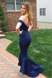 Navy Sheath Evening Dresses Off The Shoulder Sexy Open back Prom Gown BA3493
