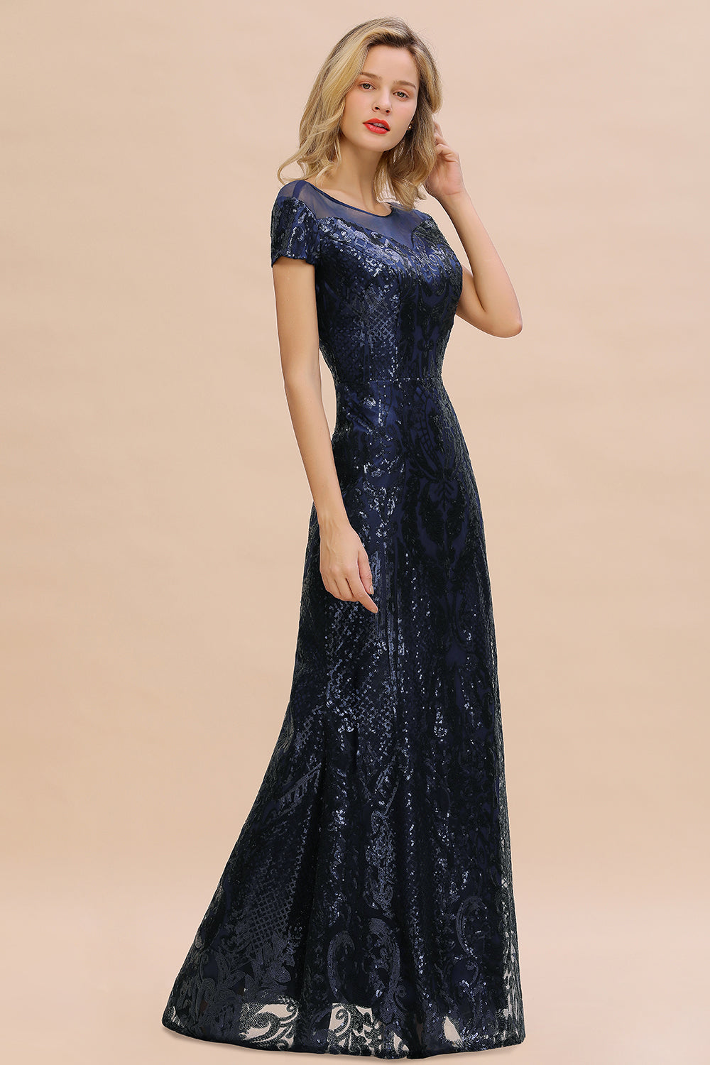 Navy Short Sleeve Sequins Prom Dress | Mermaid Long Evening Gowns