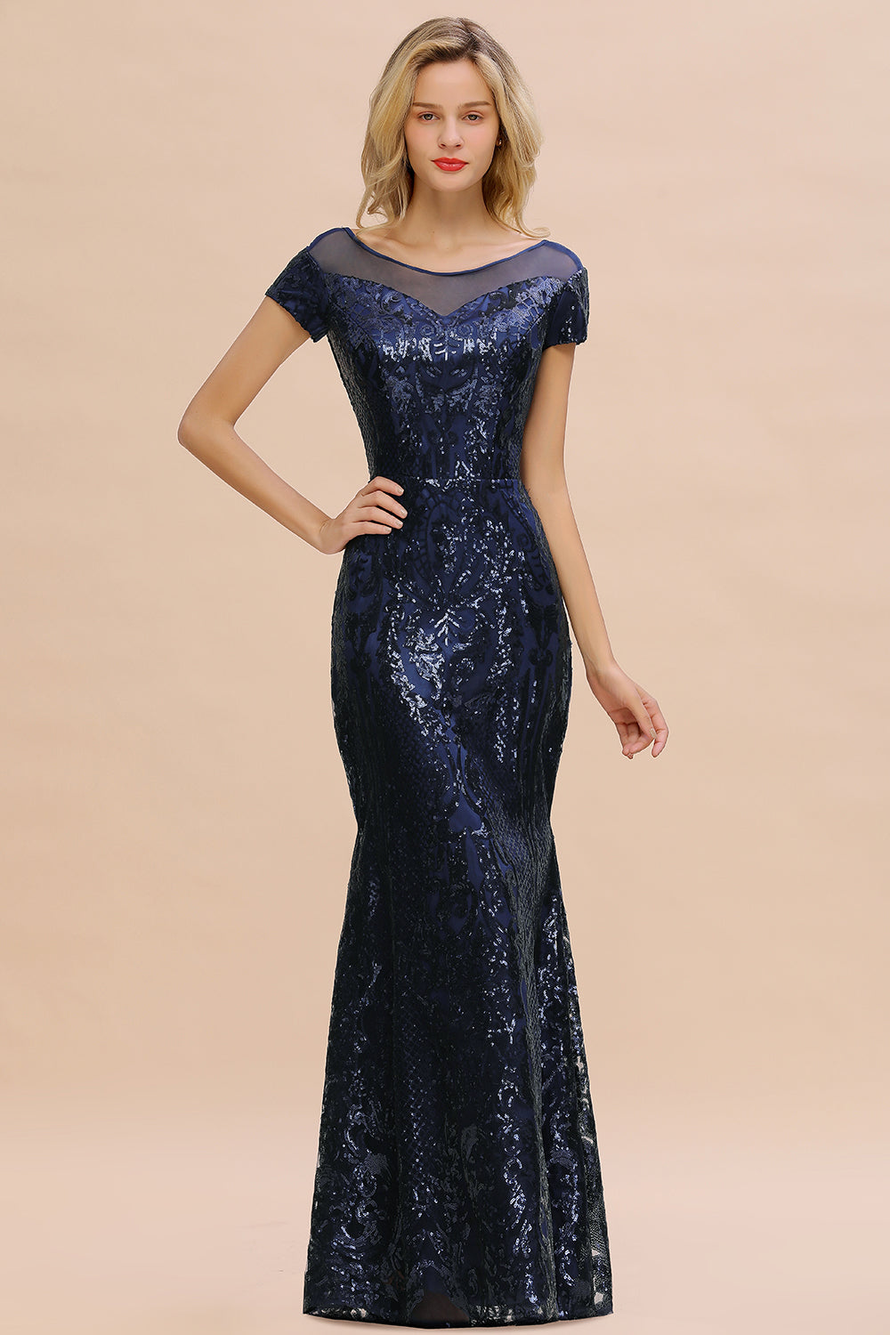 Navy Short Sleeve Sequins Prom Dress | Mermaid Long Evening Gowns