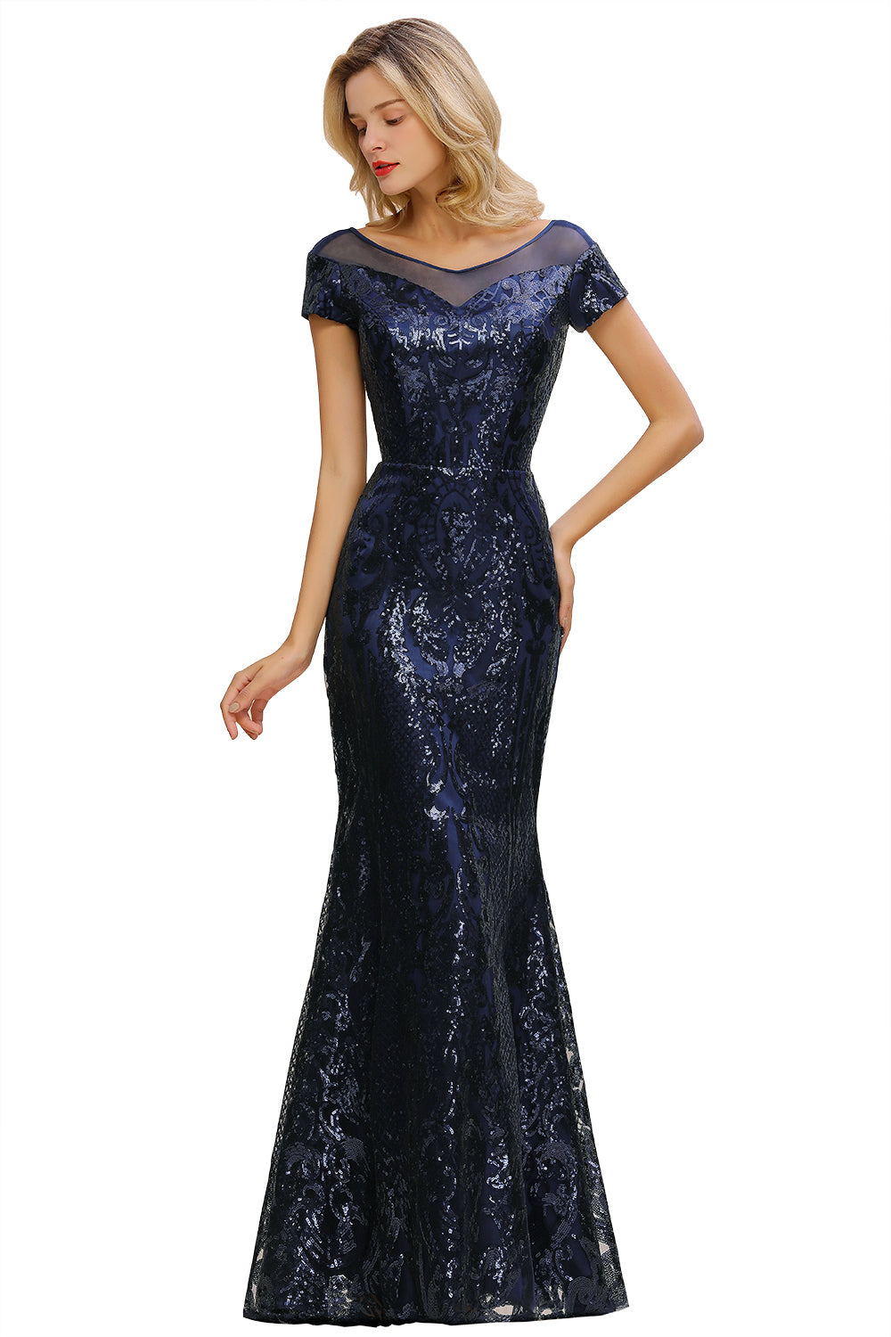 Navy Short Sleeve Sequins Prom Dress | Mermaid Long Evening Gowns