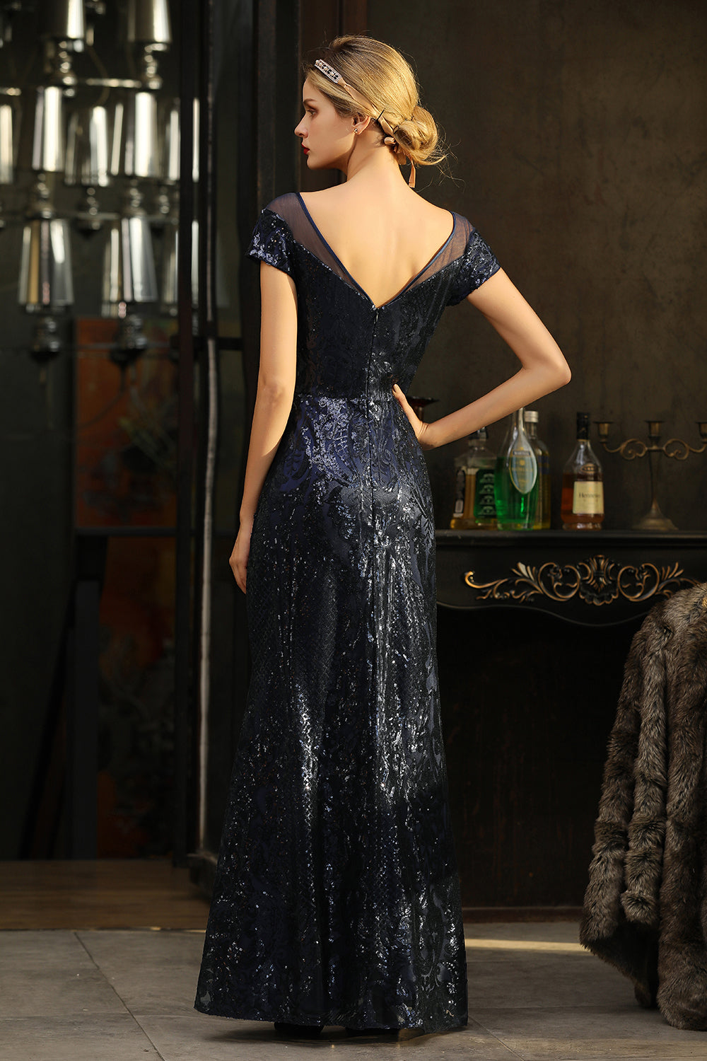 Navy Short Sleeve Sequins Prom Dress | Mermaid Long Evening Gowns