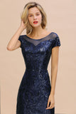 Navy Short Sleeve Sequins Prom Dress | Mermaid Long Evening Gowns