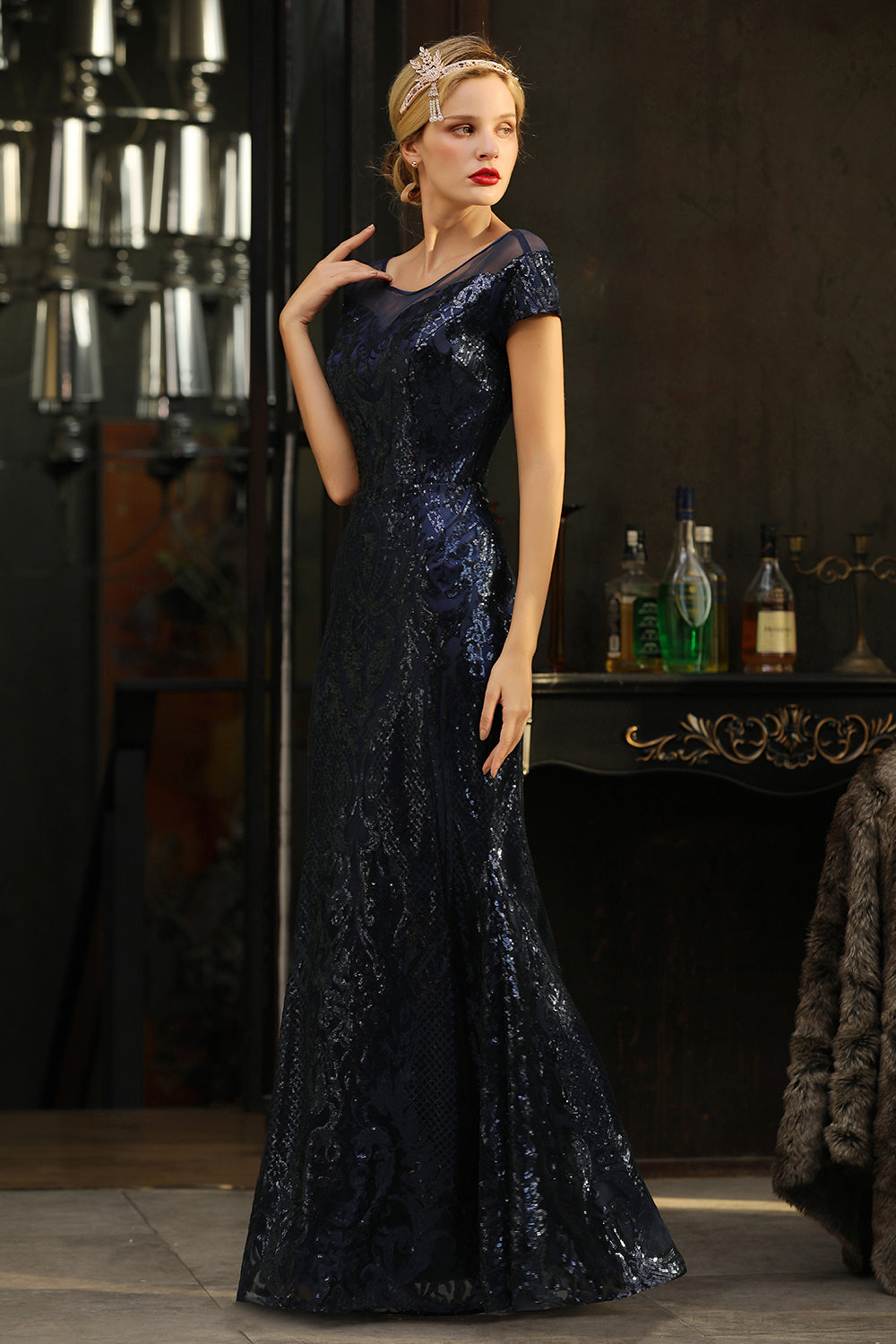 Navy Short Sleeve Sequins Prom Dress | Mermaid Long Evening Gowns