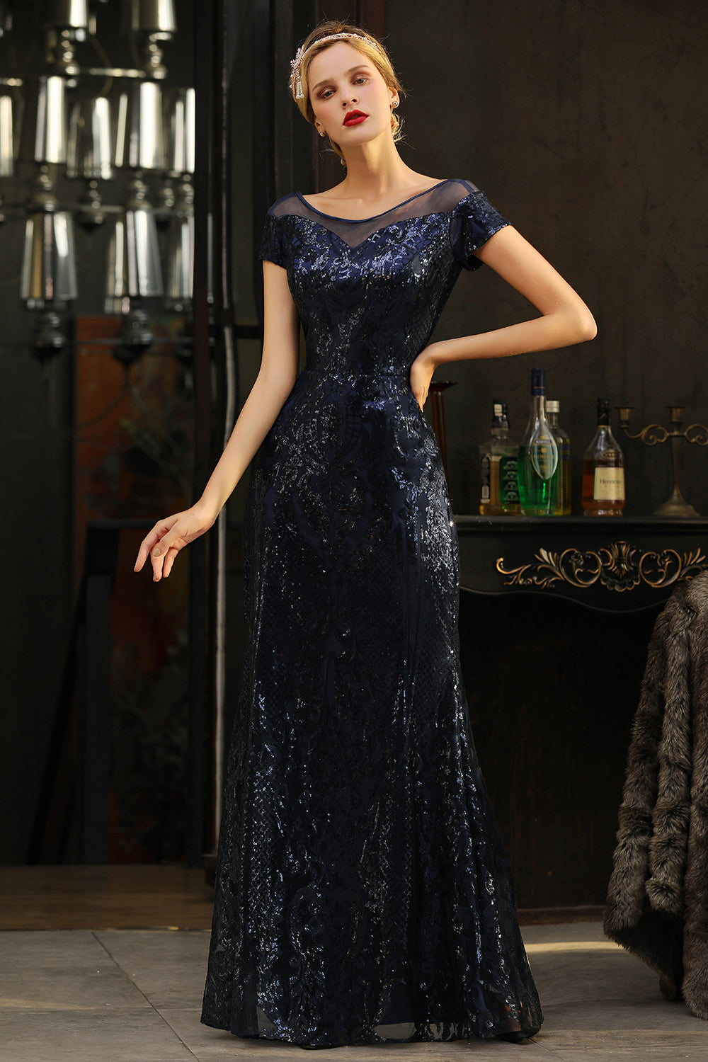 Navy Short Sleeve Sequins Prom Dress | Mermaid Long Evening Gowns