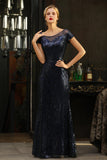 Navy Short Sleeve Sequins Prom Dress | Mermaid Long Evening Gowns