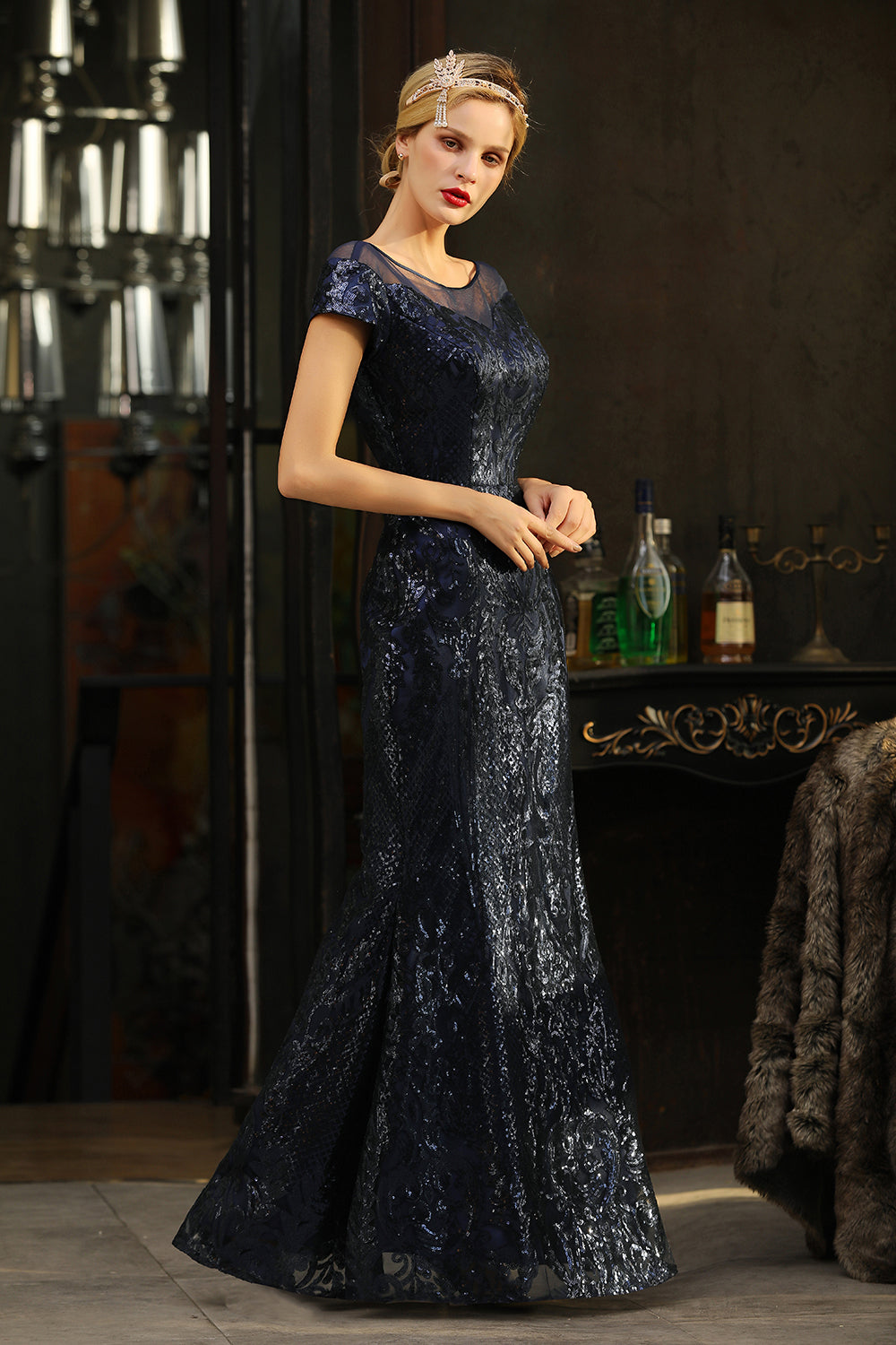 Navy Short Sleeve Sequins Prom Dress | Mermaid Long Evening Gowns