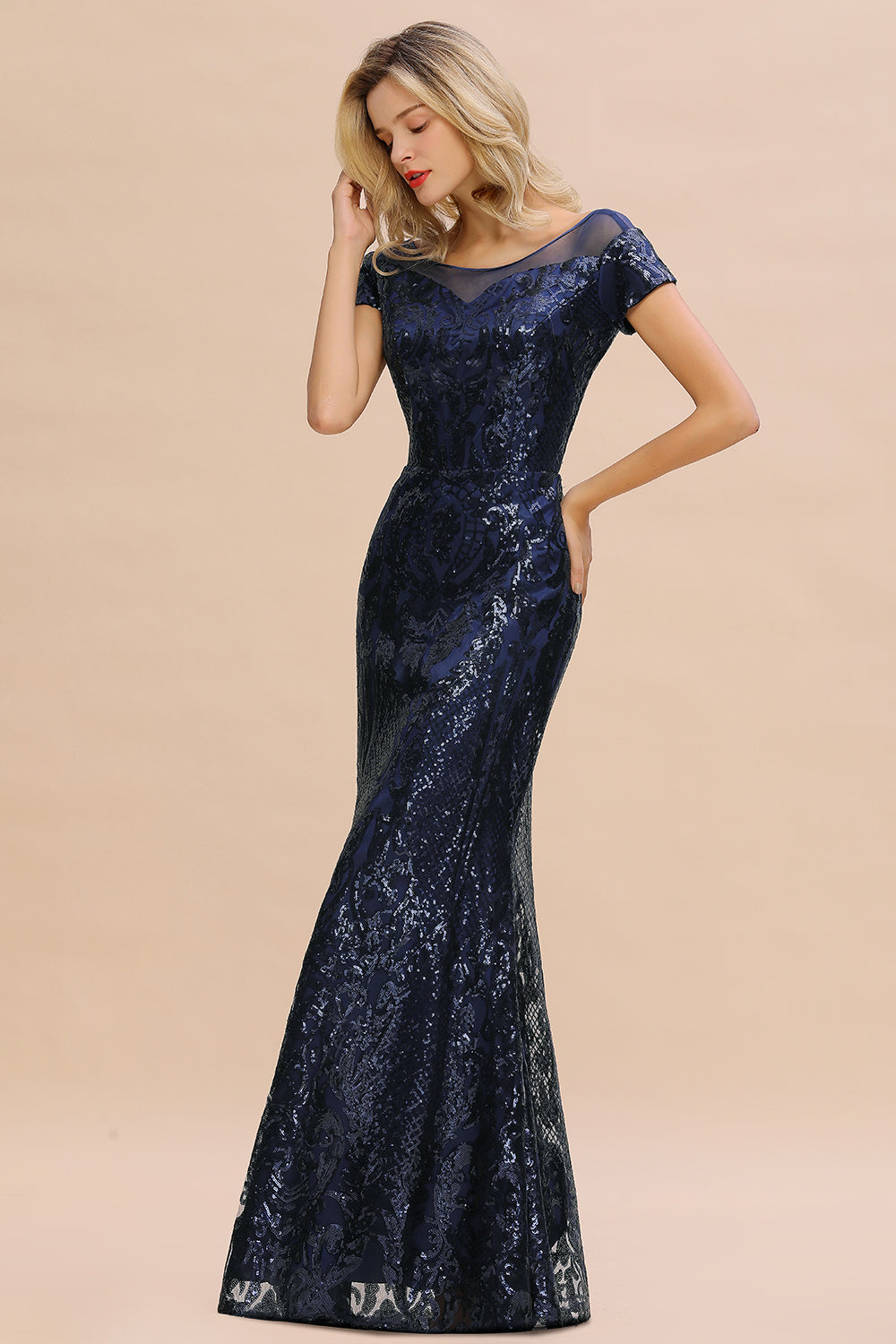 Navy Short Sleeve Sequins Prom Dress | Mermaid Long Evening Gowns