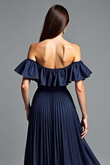 Navy Wedding Guest Dress Beaded Halter A Line Long Formal Dress
