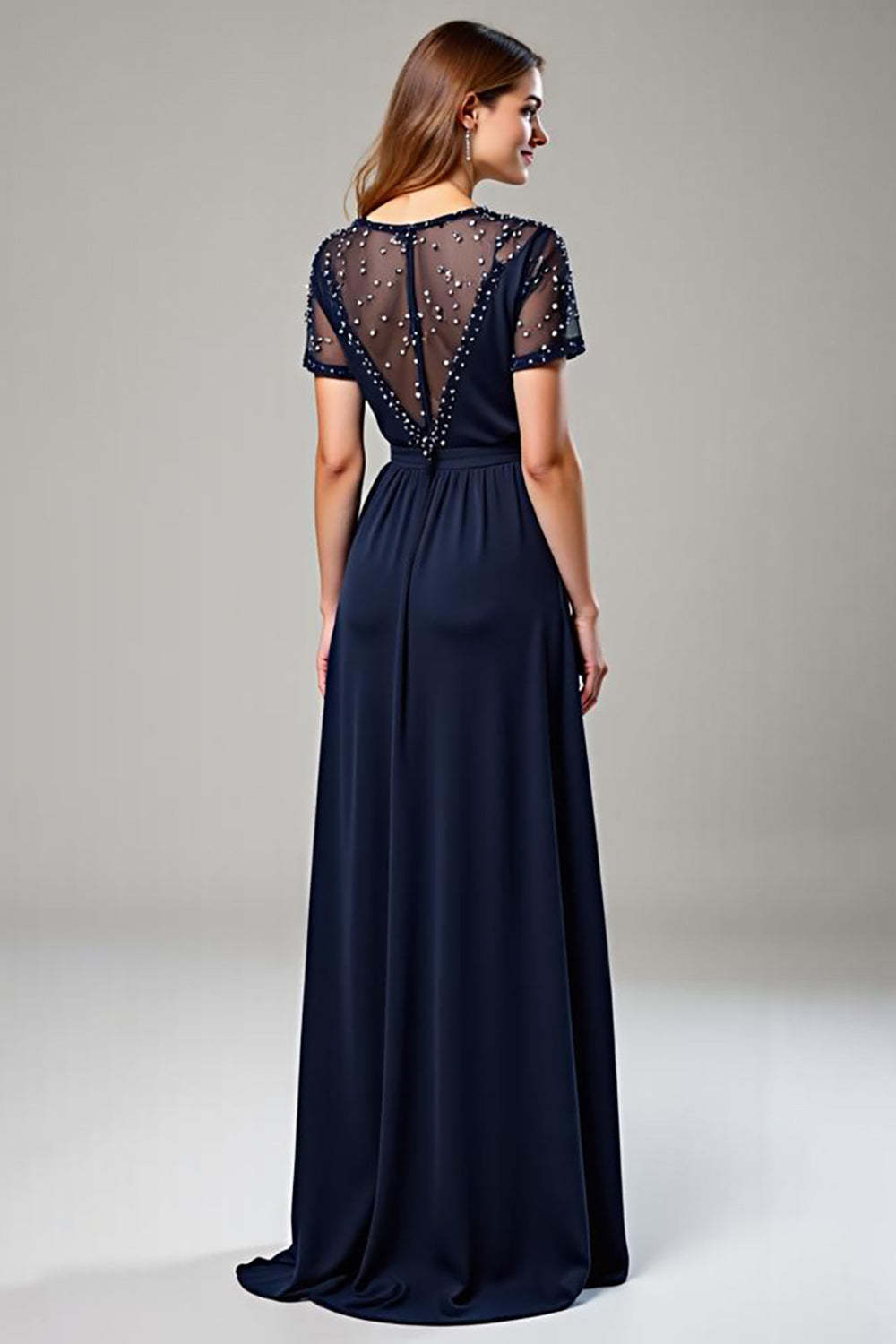 Navy Wedding Guest Dress Chiffon Deep V-Neck Long Formal Dress