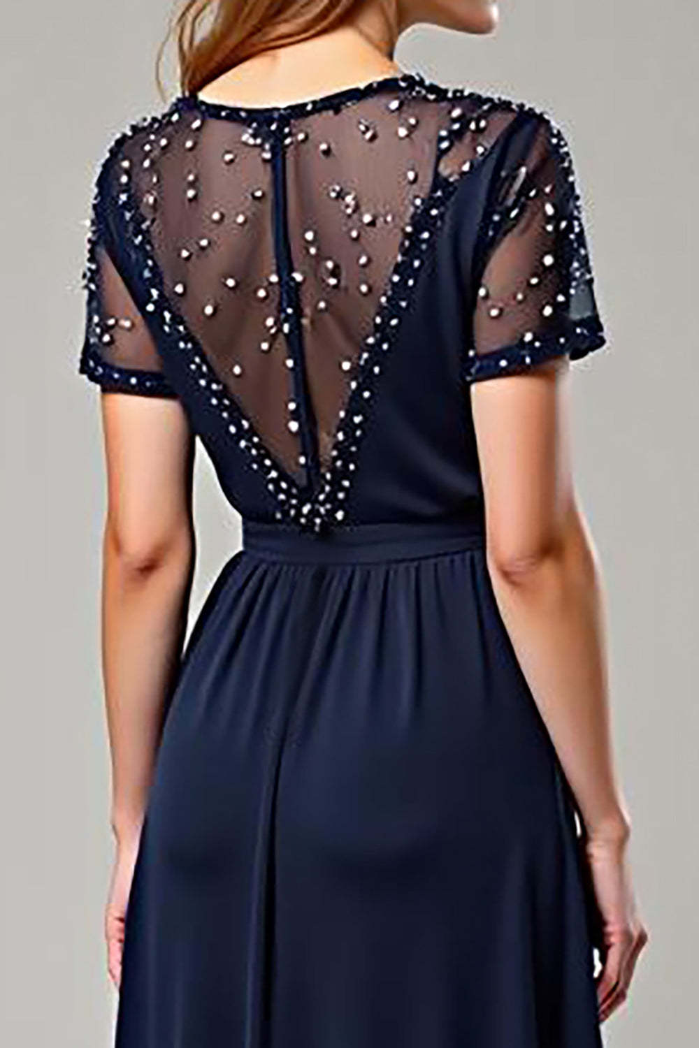 Navy Wedding Guest Dress Chiffon Deep V-Neck Long Formal Dress