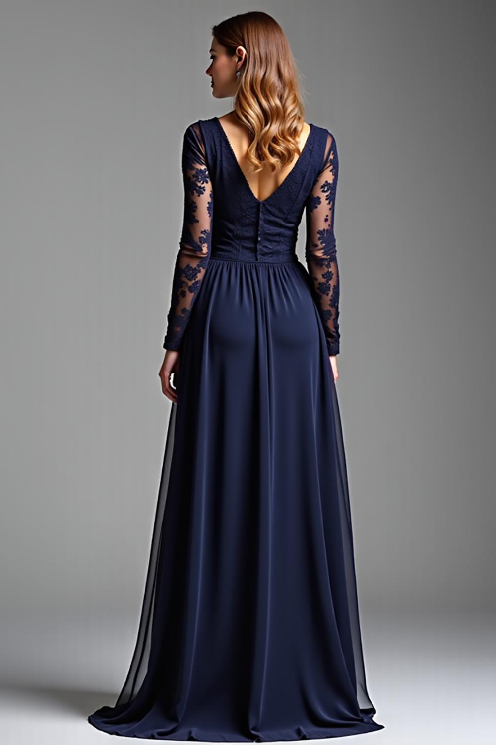 Navy Wedding Guest Dress Chiffon V-Neck Long Formal Dress With Long Sleeves