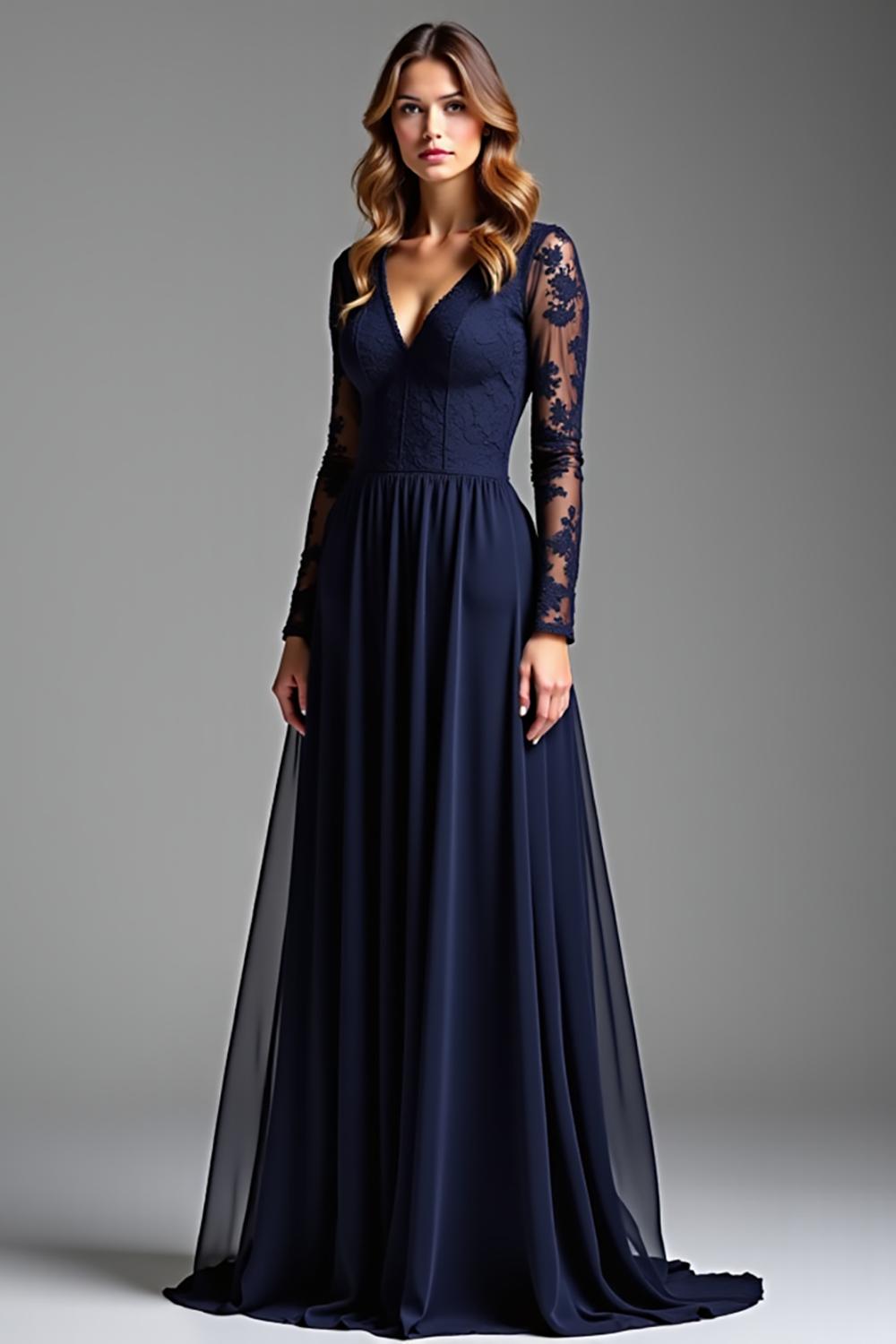 Navy Wedding Guest Dress Chiffon V-Neck Long Formal Dress With Long Sleeves