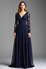 Navy Wedding Guest Dress Chiffon V-Neck Long Formal Dress With Long Sleeves