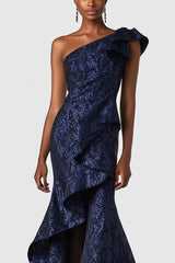 Navy Wedding Guest Dress One Shoulder Mermaid Long Formal Dress With Ruffles