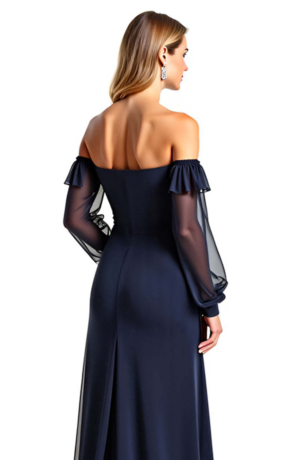 Navy Wedding Guest Dress Sweetheart Long Sheer Sleeves Formal Dress With Ruffles