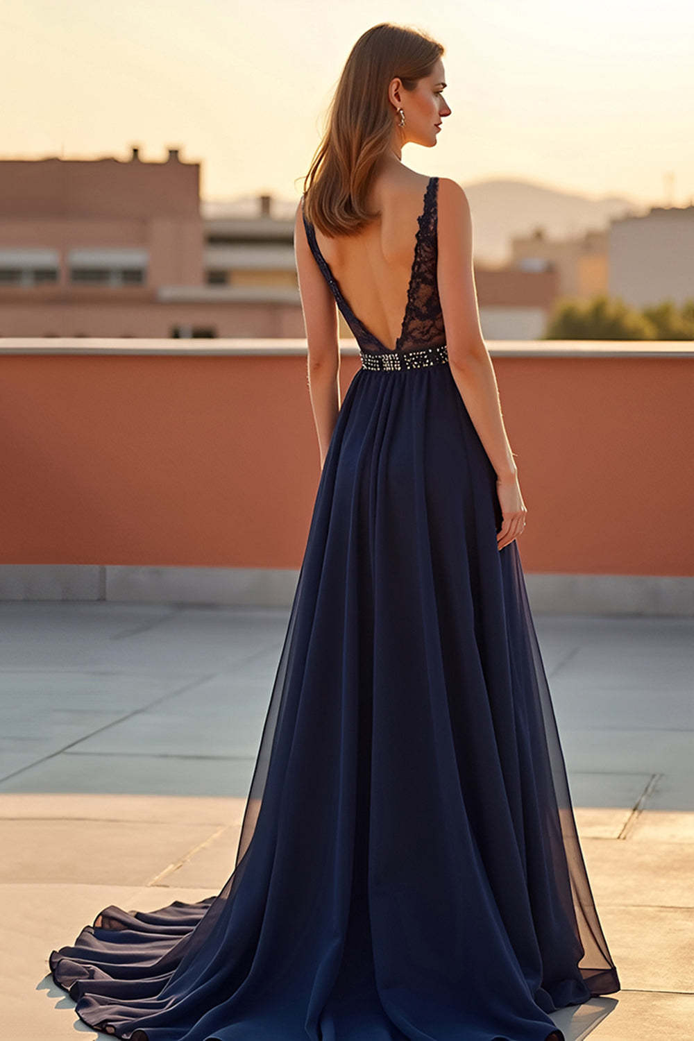 Navy Wedding Guest Dress Tulle A Line V-Neck Long Formal Dress