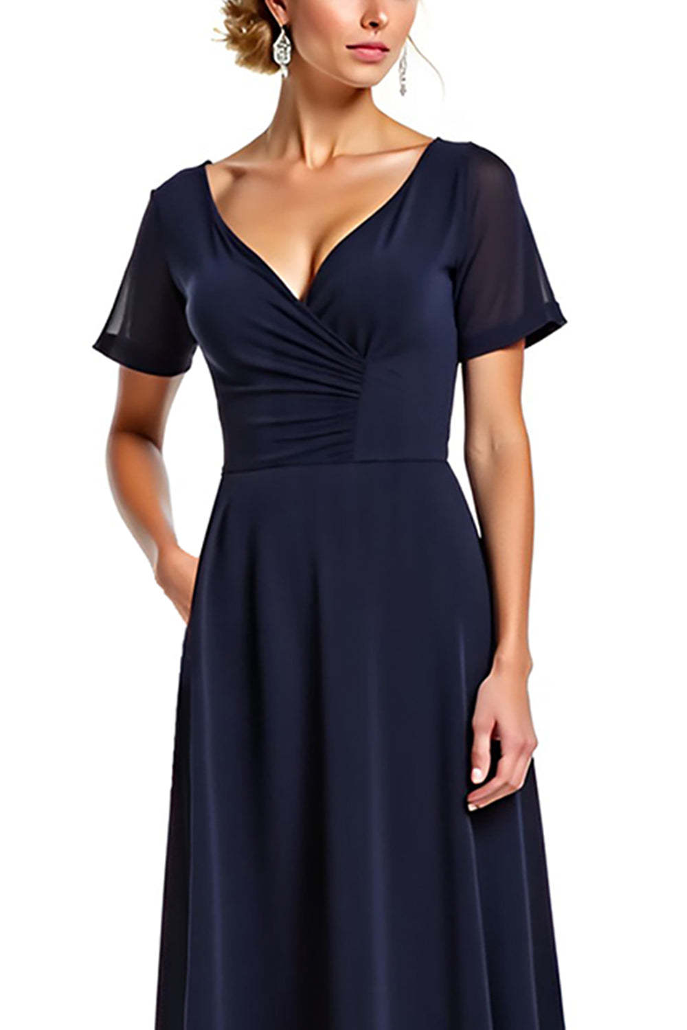 Navy Wedding Guest Dress V-Neck Long Chiffon Formal Dress