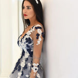 Navy and White Appliques Long Sleeve Formal Dresses Lace Popular Sheer V-neck Prom Dresses