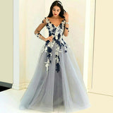 Navy and White Appliques Long Sleeve Formal Dresses Lace Popular Sheer V-neck Prom Dresses
