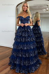 Glitter Hot Pink Corset Off the Shoulder Lace Long Prom Dress