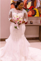 New Appliques Sheer Scoop Mermaid Lace Tulle Half-Sleeve Wedding Dresses BA3984