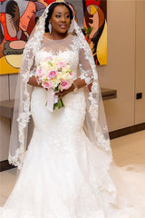 New Appliques Sheer Scoop Mermaid Lace Tulle Half-Sleeve Wedding Dresses BA3984