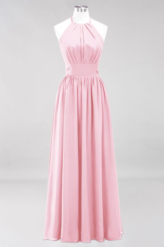 New Arrival Appliques Halter Sleeveless Long Bridesmaid Dresses with Ruffles Elegant Chiffon Evening Maxi Dress