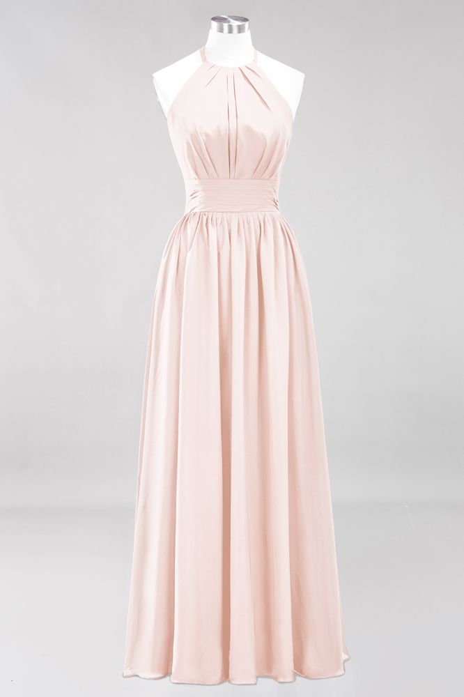 New Arrival Appliques Halter Sleeveless Long Bridesmaid Dresses with Ruffles Elegant Chiffon Evening Maxi Dress