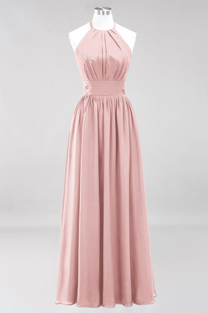 New Arrival Appliques Halter Sleeveless Long Bridesmaid Dresses with Ruffles Elegant Chiffon Evening Maxi Dress