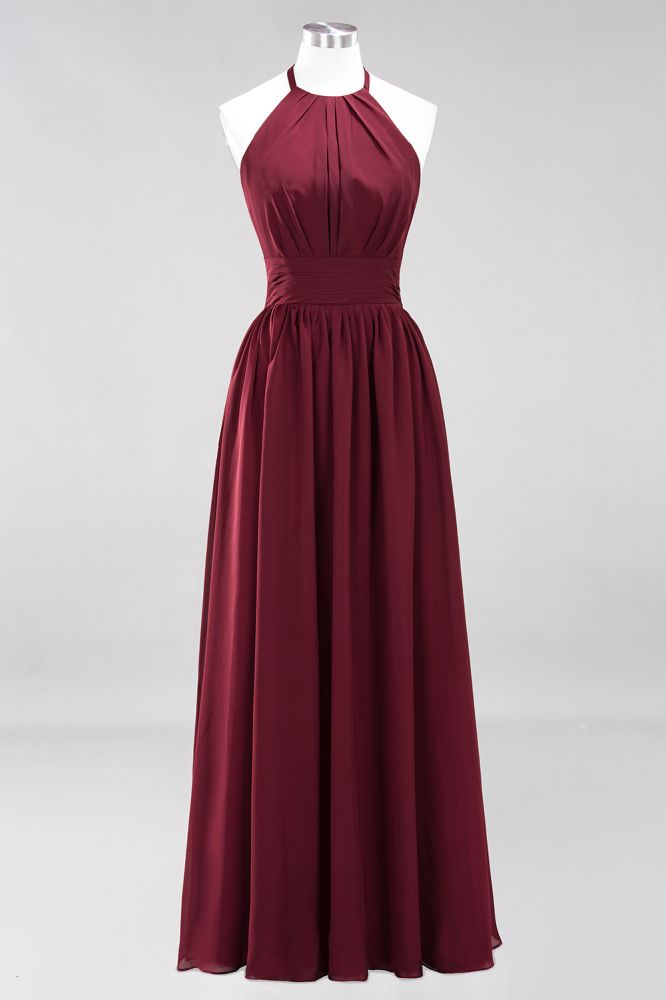 New Arrival Appliques Halter Sleeveless Long Bridesmaid Dresses with Ruffles Elegant Chiffon Evening Maxi Dress