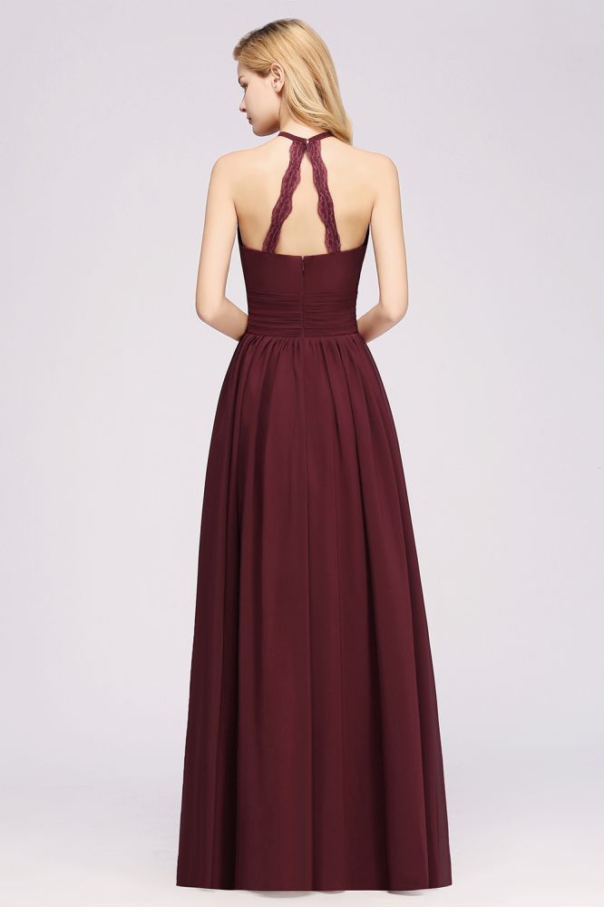 New Arrival Appliques Halter Sleeveless Long Bridesmaid Dresses with Ruffles Elegant Chiffon Evening Maxi Dress