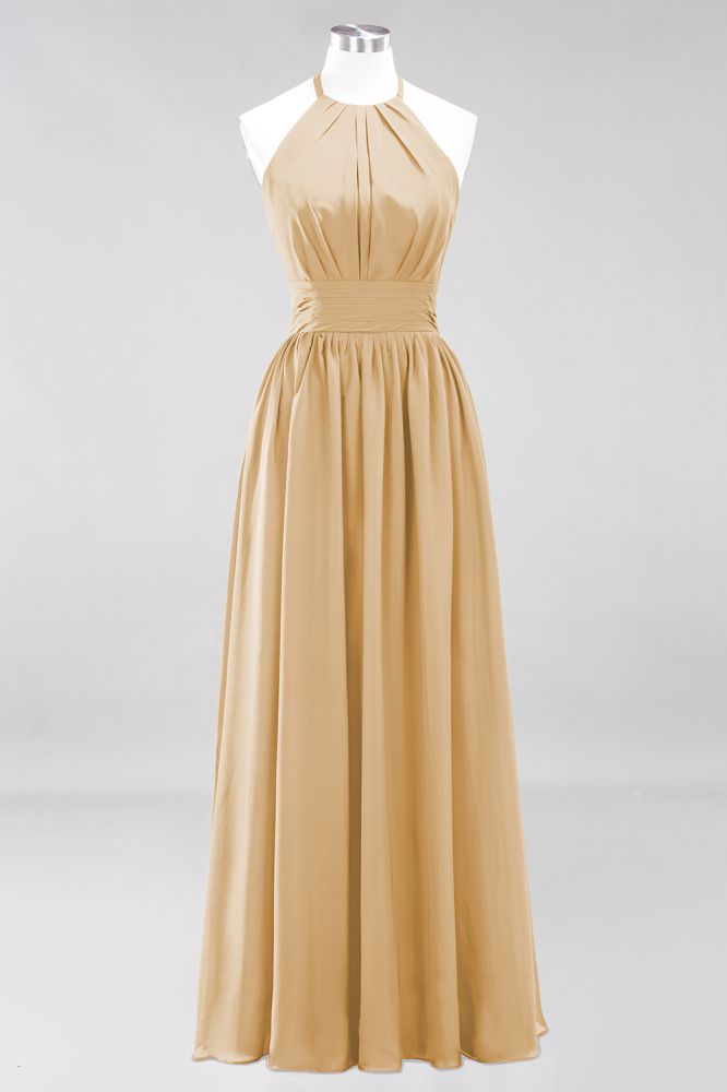 New Arrival Appliques Halter Sleeveless Long Bridesmaid Dresses with Ruffles Elegant Chiffon Evening Maxi Dress