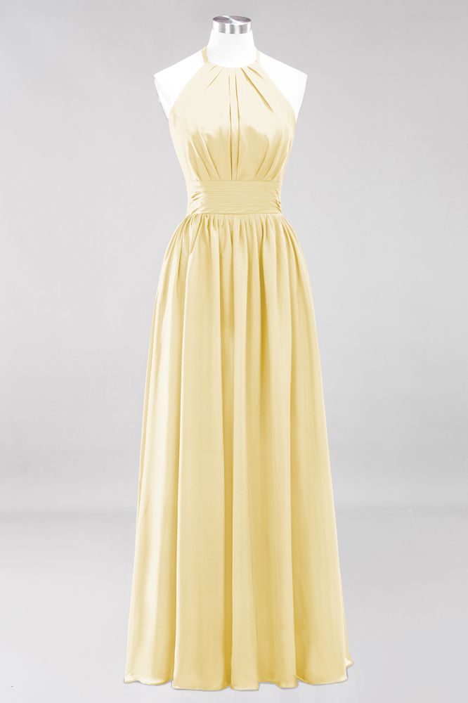 New Arrival Appliques Halter Sleeveless Long Bridesmaid Dresses with Ruffles Elegant Chiffon Evening Maxi Dress