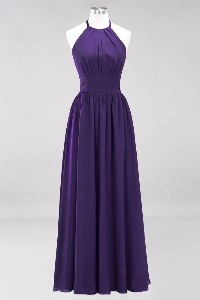 New Arrival Appliques Halter Sleeveless Long Bridesmaid Dresses with Ruffles Elegant Chiffon Evening Maxi Dress