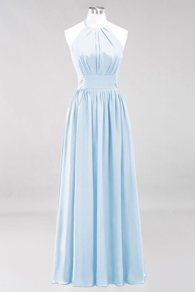 New Arrival Appliques Halter Sleeveless Long Bridesmaid Dresses with Ruffles Elegant Chiffon Evening Maxi Dress
