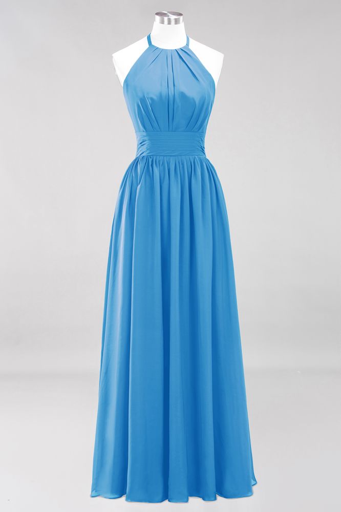 New Arrival Appliques Halter Sleeveless Long Bridesmaid Dresses with Ruffles Elegant Chiffon Evening Maxi Dress